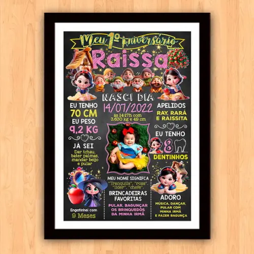 Chalkboard Aniversário Moldura 30x42cm Branca de Neve Baby