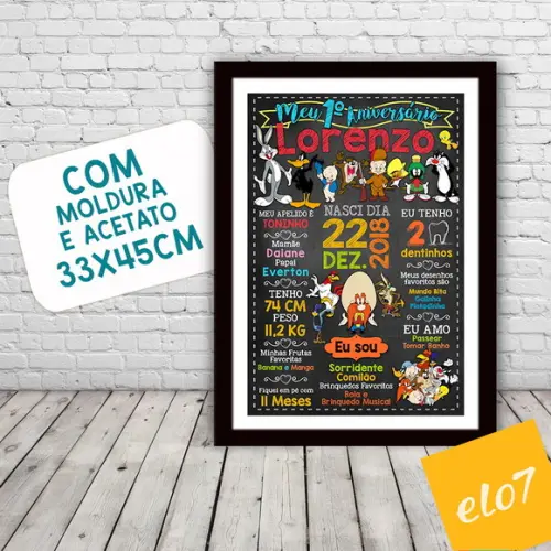 Chalkboard Aniversário Moldura Turma Do Pernalonga 30x42cm