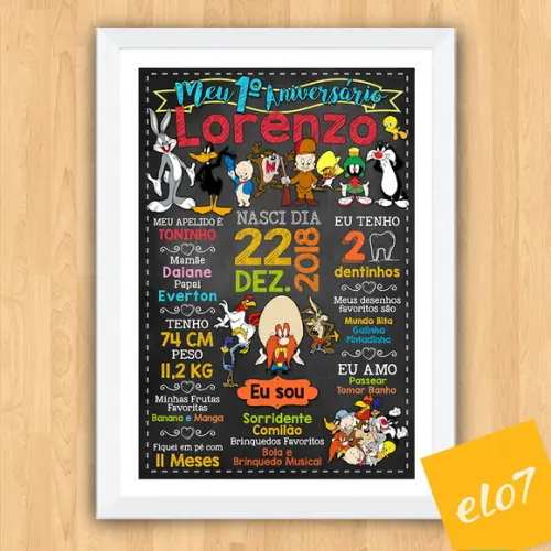 Chalkboard Aniversário Moldura Turma Do Pernalonga 30x42cm