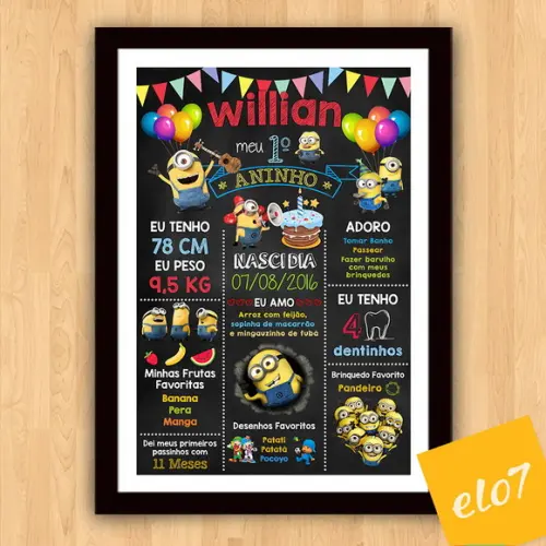 Chalkboard Aniversário Os Minions C/ Moldura 30x42cm