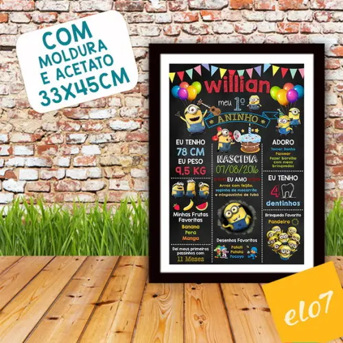 Chalkboard Aniversário Os Minions C/ Moldura 30x42cm