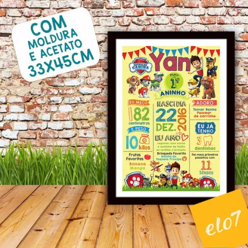 Chalkboard Aniversário Patrulha Canina Moldura 30x42cm