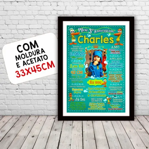 Chalkboard Aniversário Pato Pocoyo com Moldura 30x42cm