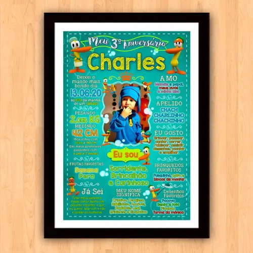 Chalkboard Aniversário Pato Pocoyo com Moldura 30x42cm