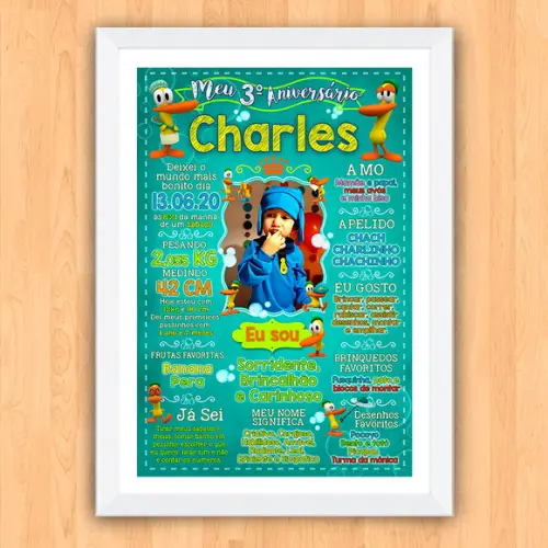 Chalkboard Aniversário Pato Pocoyo com Moldura 30x42cm