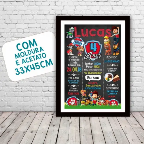 Chalkboard Aniversário Patrulha Canina Moldura 30x42cm