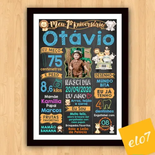 Chalkboard Aniversário Safari Zoológico Com Moldura 30x42cm