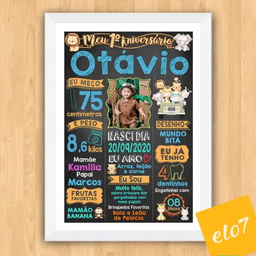 Chalkboard Aniversário Safari Zoológico Com Moldura 30x42cm