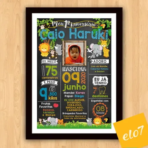 Chalkboard Aniversário Safari Zoológico Com Moldura 30x42cm