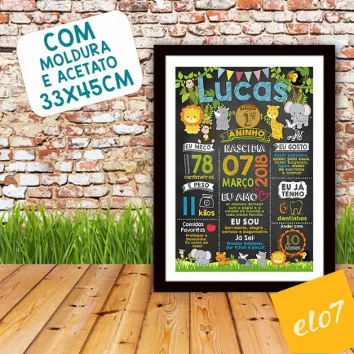 Chalkboard Aniversário Safari Zoológico Com Moldura 30x42cm
