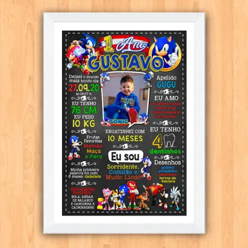 Chalkboard Aniversário Sonic com Foto 1 Ano 30x42cm