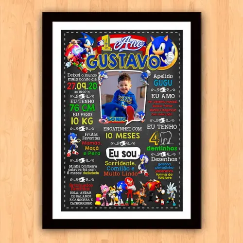 Chalkboard Aniversário Sonic com Foto 1 Ano 30x42cm