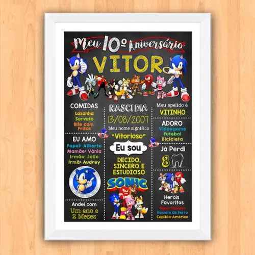 Chalkboard Aniversário Sonic com Foto 10 Anos 30x42cm