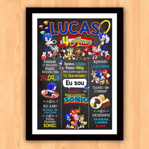 Chalkboard Aniversário Sonic com Foto 4 Anos 30x42cm