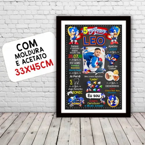 Chalkboard Aniversário Sonic com Foto 5 Anos 30x42cm