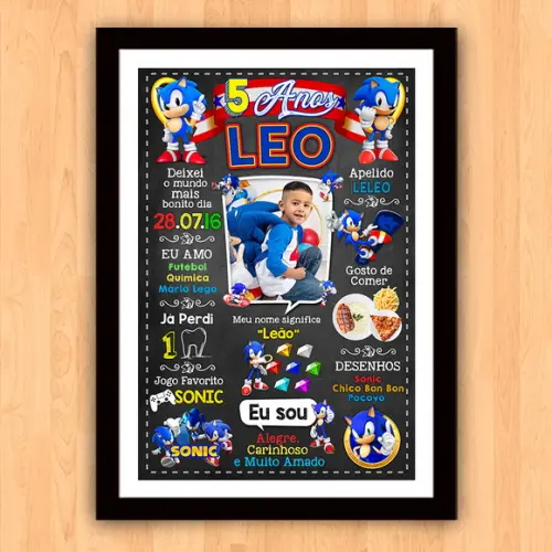 Chalkboard Aniversário Sonic com Foto 5 Anos 30x42cm