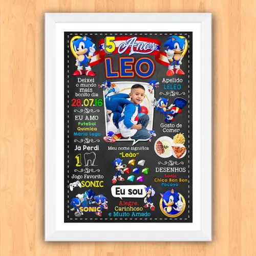 Chalkboard Aniversário Sonic com Foto 5 Anos 30x42cm