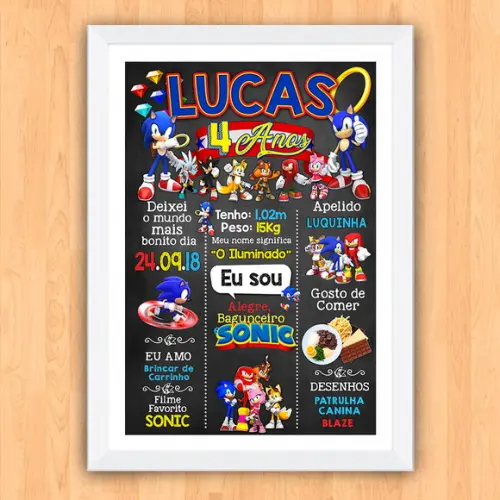 Chalkboard Aniversário Sonic com Foto 4 Anos 30x42cm