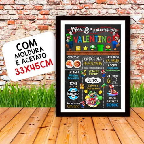 Chalkboard Aniversário Super Mario 08 Anos 30x42cm
