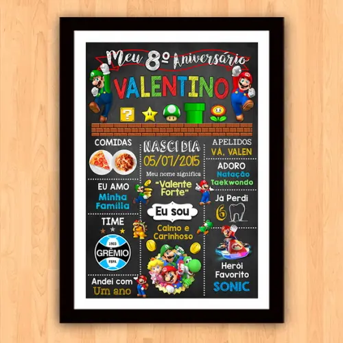 Chalkboard Aniversário Super Mario 08 Anos 30x42cm