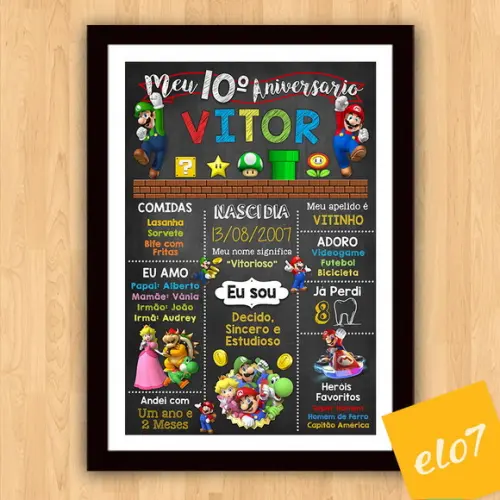 Chalkboard Aniversário Super Mario 10 Anos 30x42cm