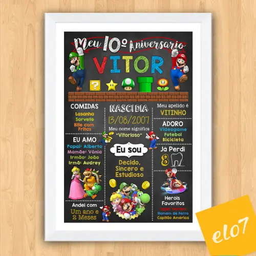 Chalkboard Aniversário Super Mario 10 Anos 30x42cm