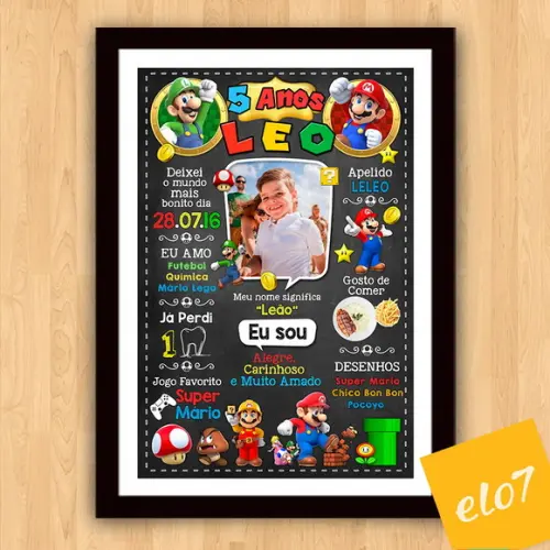 Chalkboard Aniversário Super Mario 5 Anos 30x42cm