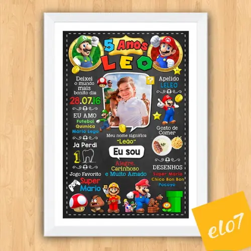 Chalkboard Aniversário Super Mario 5 Anos 30x42cm