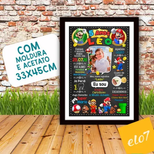 Chalkboard Aniversário Super Mario 5 Anos 30x42cm