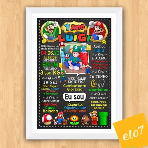 Chalkboard Aniversário Super Mario com Foto 30x42cm