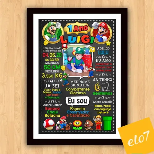 Chalkboard Aniversário Super Mario com Foto 30x42cm