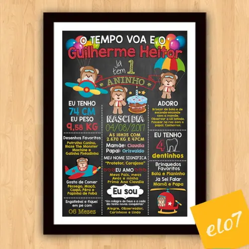 Chalkboard Aniversário Urso Aviador C/ Moldura 30x42cm