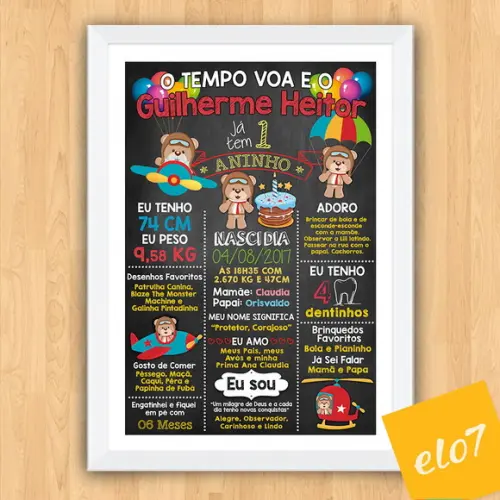 Chalkboard Aniversário Urso Aviador C/ Moldura 30x42cm