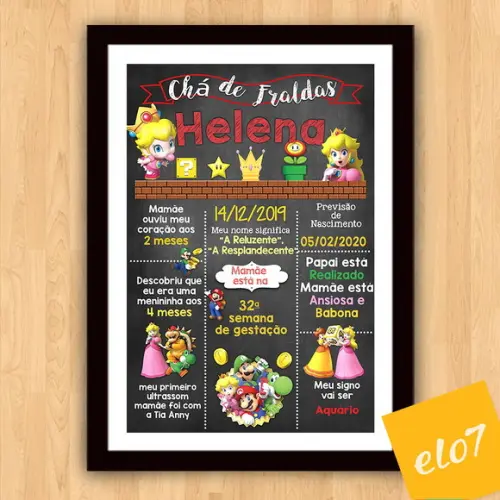 Chalkboard Chá De Fraldas Princesa Super Mario 30x42cm