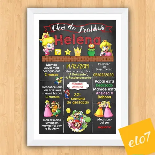 Chalkboard Chá De Fraldas Princesa Super Mario 30x42cm