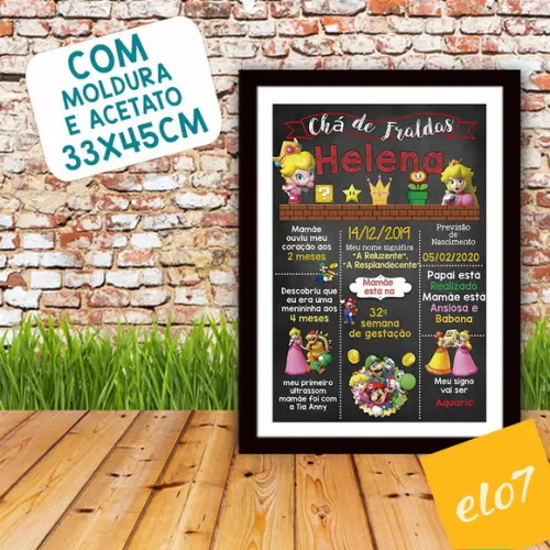 Chalkboard Chá De Fraldas Princesa Super Mario 30x42cm