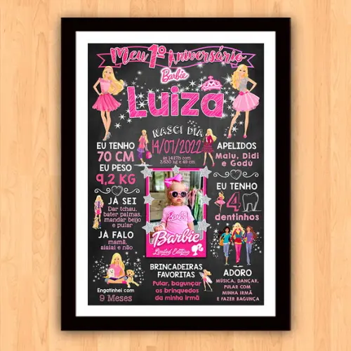 Chalkboard Quadro Aniversário c/ Moldura Barbie A3 30x42cm