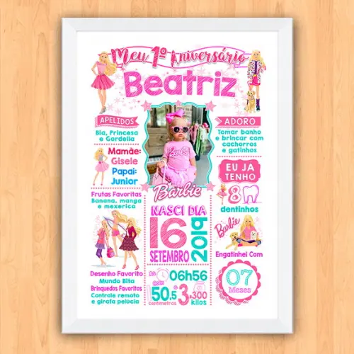Chalkboard Quadro Aniversário c/ Moldura Barbie A3 30x42cm