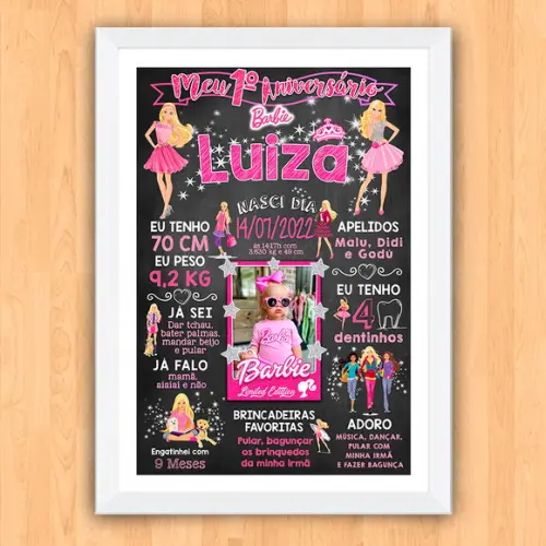 Chalkboard Quadro Aniversário c/ Moldura Barbie A3 30x42cm