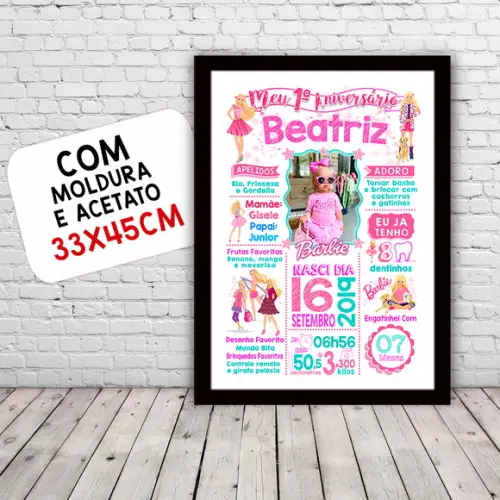 Chalkboard Quadro Aniversário c/ Moldura Barbie A3 30x42cm