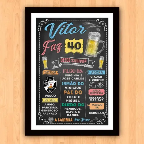 Chalkboard Quadro c/ Moldura Aniversario 40 Anos A3 30x42cm