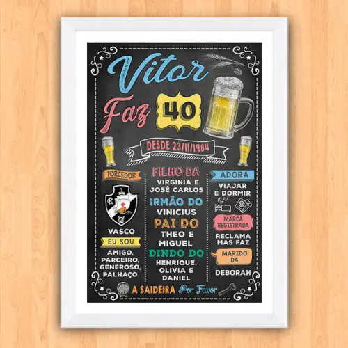 Chalkboard Quadro c/ Moldura Aniversario 40 Anos A3 30x42cm