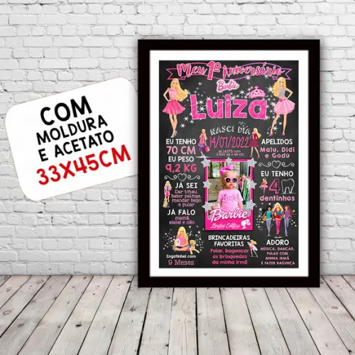 Chalkboard Quadro Aniversário c/ Moldura Barbie A3 30x42cm