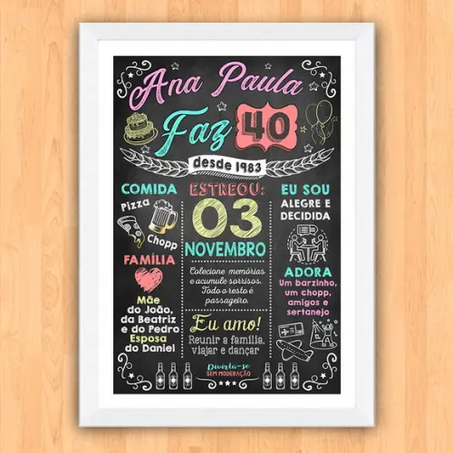 Chalkboard Quadro c/ Moldura Aniversario 40 Anos A3 30x42cm