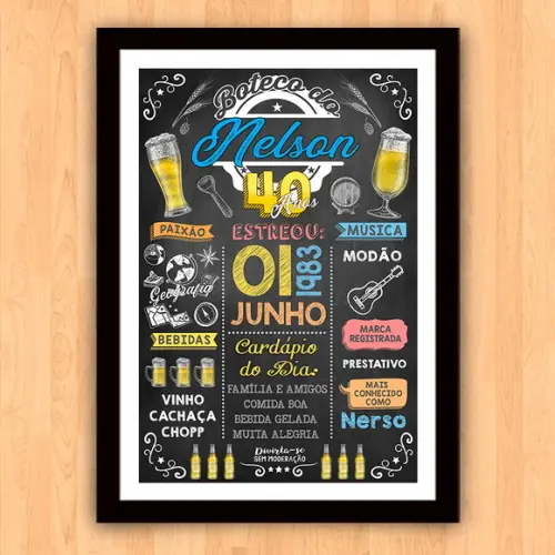 Chalkboard Quadro c/ Moldura Aniversario Boteco 40 Anos