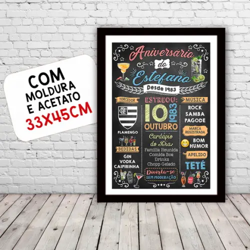 Chalkboard Quadro c/ Moldura Aniversario Drinks Estefano