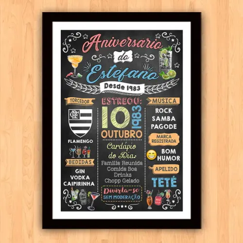 Chalkboard Quadro c/ Moldura Aniversario Drinks Estefano