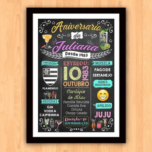 Chalkboard Quadro c/ Moldura Aniversario Drinks Juliana