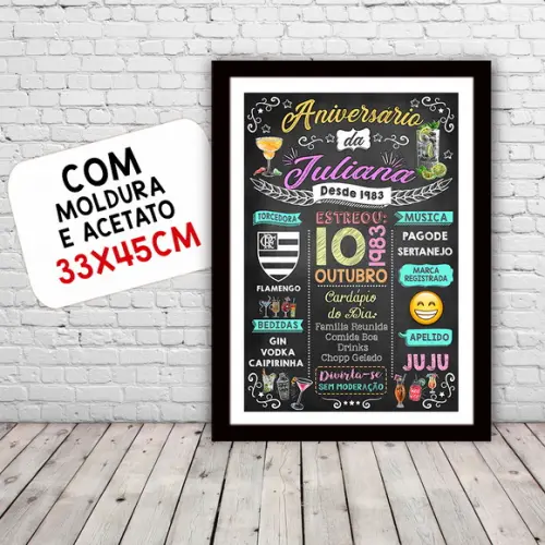 Chalkboard Quadro c/ Moldura Aniversario Drinks Juliana
