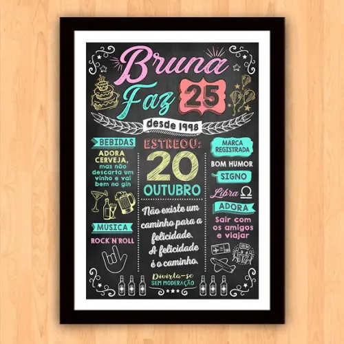 Chalkboard Quadro Poster Aniversário 25 Anos A3 30x42cm